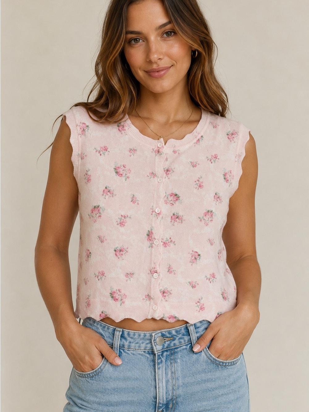NWOT Rareraw Pink Floral Button Front Knit Sweater Vest, Size Small